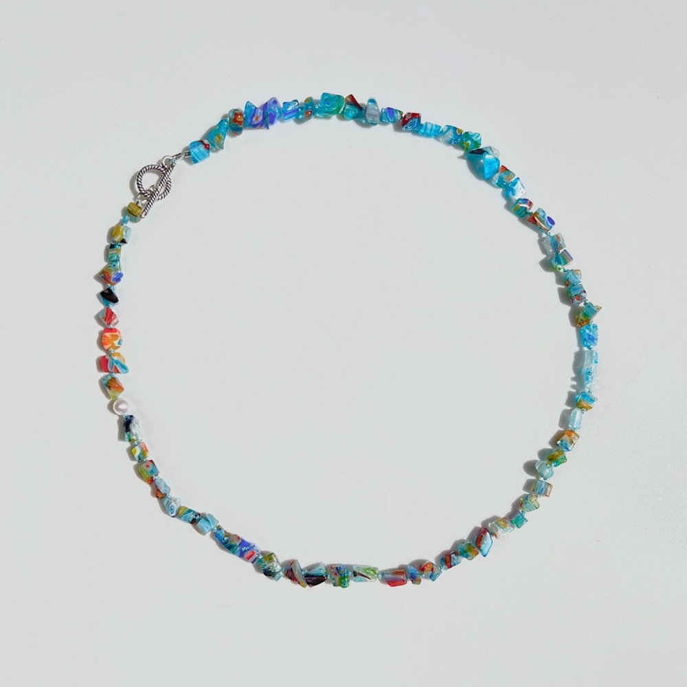 Blue Murano Glass With Pearl and Sterling Silver Necklace